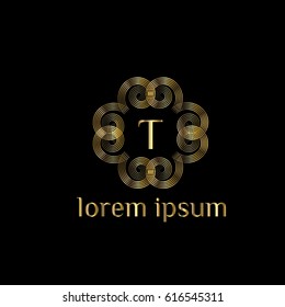 Luxury vector golden logo for boutique, restaurant, hotel, resort. Letter T stylish monogram (emblem, sign, symbol)