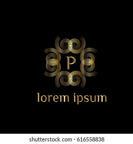 Luxury vector golden logo for boutique, restaurant, hotel, resort. Letter P  stylish monogram (emblem, sign, symbol)