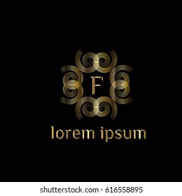 Luxury vector golden logo for boutique, restaurant, hotel, resort. Letter F stylish monogram (emblem, sign, symbol)