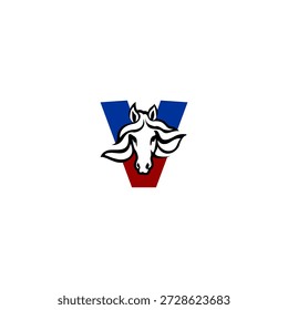Logotipo da cabeça do cavalo vetor de luxo com letra V do alfabeto. Projetado para marcas sofisticadas, logotipos equestres, equipes de corrida, identidade ocidental, tipografia premium e conceitos visuais elegantes.