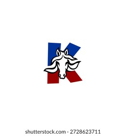 Logotipo da cabeça do cavalo vetor de luxo com letra K do alfabeto. Projetado para marcas sofisticadas, logotipos equestres, equipes de corrida, identidade ocidental, tipografia premium e conceitos visuais elegantes.