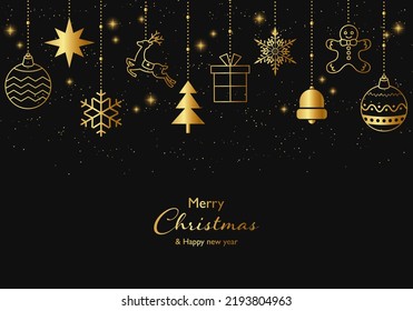 Lujoso fondo vectorial de fondo de adornos dorados de Navidad sobre fondo negro.