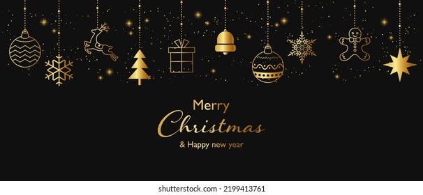 Luxury vector illustration background of gold Christmas ornaments on black background.