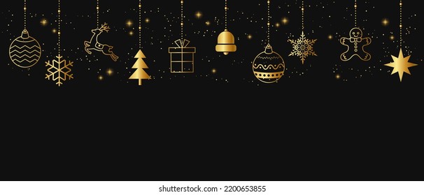 Luxuriöse Vektorgrafik-Hintergrund goldener Weihnachtsschmuck auf schwarzem Hintergrund.