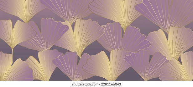 Luxury vector illustration with golden ginkgo biloba on purple background for decor, covers, backgrounds, cards and presentations