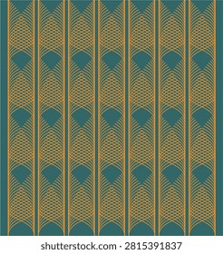Luxury vector illustration of a seamless pineapple ornament designed in a sophisticated art deco style. This tropical fruit repeating pattern features elegant geometric shapes and a continuous tileable layout that reflects the classic glamour of the roaring 20s, gatsby theme, and vintage aesthetics from the 1920-1929 and 1930-1939 eras. Blending exotic botanical motifs with structural symmetry, this chic background is perfect for upscale wallpaper prints, luxury textile fabrics, trendy wrapping paper, and creative packaging designs.