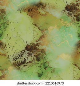 Lienzo de tinta vectorial de lujo. Plantilla de resumen de vectores. Color del agua del aceite de mármol. Fondo de la tinta del alcohol del cobre. Acuarela verde sin foco. Fondo Verde De Mármol. Pintura de arte de oro. Patrón fluido sin foco.