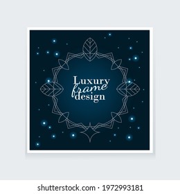 Luxury vector invitation square card template. Dark blue decorative ornamental frame with leaves, moon and glowing stars. Oriental pattern for wedding, engagement, new year, Christmas, birthday card.