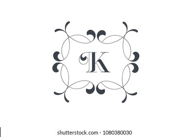 Luxury Vector Letter K Logo design. Elegant Floral Vintage Decorative Frame.