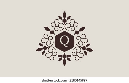 Luxury vector linear logo, company icon, letter Q. Decorative frame for restaurant menu, hotel, jewelry, fashion, label, sign, banner.