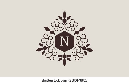 Luxury vector linear logo, company icon, letter N. Decorative frame for restaurant menu, hotel, jewelry, fashion, label, sign, banner.