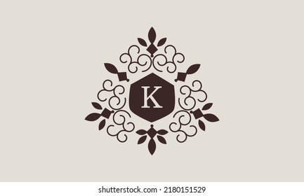 Luxury vector linear logo, company icon, letter K. Decorative frame for restaurant menu, hotel, jewelry, fashion, label, sign, banner.