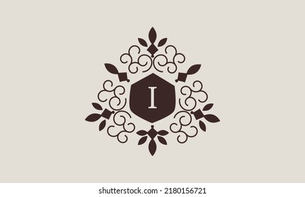 Luxury vector linear logo, company icon, letter I. Decorative frame for restaurant menu, hotel, jewelry, fashion, label, sign, banner.