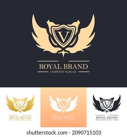 Luxury vector logo design template royal style with golden color and  wings shield concept. Decorative gold textured logo. Best for company and premium product.