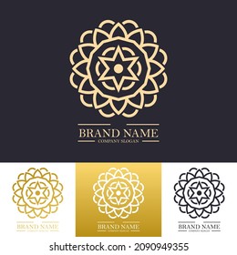 Luxury vector logo design template in trendy linear style with golden color and twisted mandala star or floral line art concept. Decorative gold textured logo. Best for company and premium product.