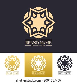 Luxury vector logo design template in trendy linear style with golden color and twisted mandala flower line art concept. Decorative gold textured logo. Best for company and premium product.