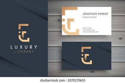 Luxury vector logotype with business card template. Premium letter E logo with golden design. Elegant corporate identity.