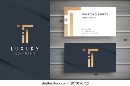 Luxury vector logotype with business card template. Premium letter T logo with golden design. Elegant corporate identity.