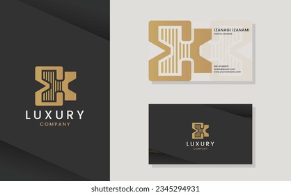 Luxury vector logotype with business card template. Premium EX letter logo with gold design. Elegant corporate identity.