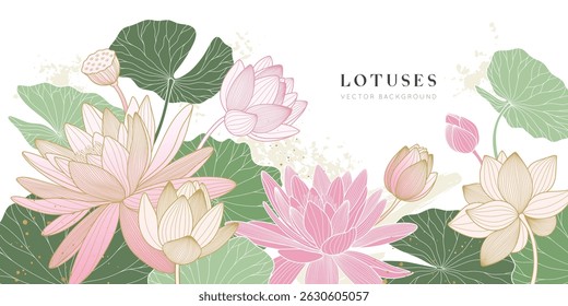 Luxury vector lotus background. Zen wallpaper collection with golden lotus line art. Design for yoga banner, cover design and invitation