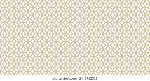 Luxury vector mesh seamless pattern. Abstract minimal background with curved lines, wavy shapes. Golden texture of grid, lace, weaving, net, lattice. Gold and white ornament. Repeated wide geo design