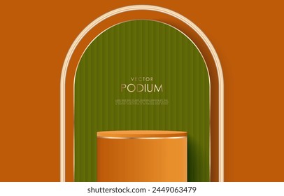 Luxury vector orange 3D podium with golden elements for product display, presentation, trading cards, discounts and promotions.