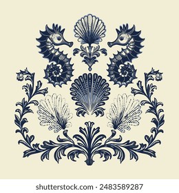 Luxury vector print, flat pattern. Seahorses, shells and seaweed. Decorative style. 