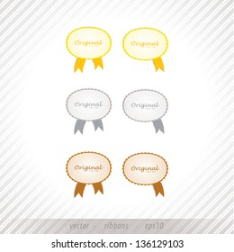 Luxury vector rating ribbons. Gold, silver and bronze, three levels, with space for your text. Elements for presentation, product cover or website.
