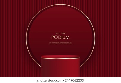 Luxury vector red 3D podium with golden elements for product display, presentation, trading cards, discounts and promotions.