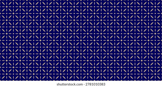 Luxury vector seamless background. Abstract geometric floral pattern with small diamonds, flower silhouettes, leaves, lattice. Simple gold and dark blue ornament in oriental style. Elegant design