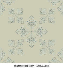 Luxury vector seamless pattern, button-tufted texture, ornate elements in vintage style. Elegant blue and beige ornament with stylized stars, filigree decor on ornate background.