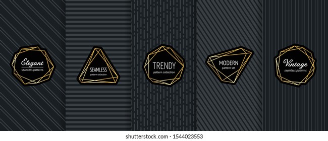 Luxury vector seamless pattern collection. Set of elegant black background swatches with golden minimal labels. Modern gold linear stickers. Subtle abstract texture with lines, stripes. Premium design