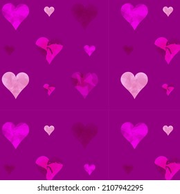 Luxury vector seamless pattern of dark magenta glass hearts. Valentines day