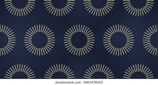 Patrón vectorial de lujo sin fisuras con elementos redondos dorados sobre un fondo azul oscuro.