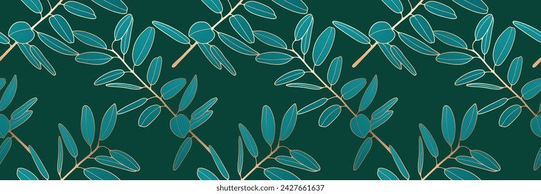 Patrón sin fisuras vectoriales de lujo con ramas de eucalipto dorado sobre un fondo verde.