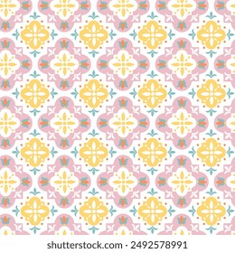 Vector de lujo sin patrón. Adorno, azulejo portugués rosa con azulejos amarillos. Motivos tradicionales, étnicos, árabes, turcos, indios. Ideal para tela y textil, Fondo de pantalla, embalaje 