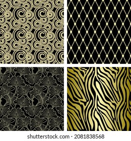 Luxury vector seamless patterns set. Golden ornaments on black background.