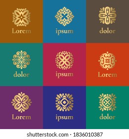 Juego de vectores de lujo de emblema dorado. Elementos elegantes y clásicos. Se puede usar para la joyería, la belleza y la industria de la moda. Ideal para logotipo, invitación, volante, menú, folleto, fondo o cualquier idea deseada.