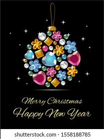 Luxury Vector Shiny Gemstones Christmas ball jewellery decoration diamond on black background , Happy New Year