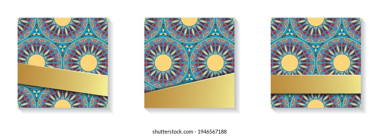 Luxury vector square templates for posts, stories in social networks with a copy space. Ethnic, Moroccan, Islamic mosaic in burgundy, blue, yellow, and gold. Solar pattern