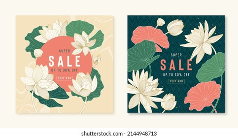 Banners de lujo vectorial super venta con loto dorado y hojas. Afiches chinos a la venta o descuento en verano. Tarjetas de promoción con lirio de línea, hojas y patrones. Plantilla oriental para su diseño