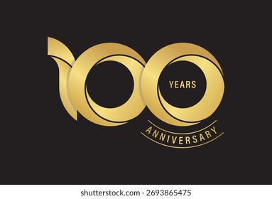 Plantilla de Vector de lujo para una celebración número 100, con números de cinta de oro sobre un fondo negro