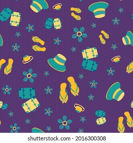 Luxury vector travel seamless pattern background. Suitcases, flip flops, cowrie shells, suitcases backdrop. Gold purple repeat with vacation icons scattered design. For summer, beach holiday concept