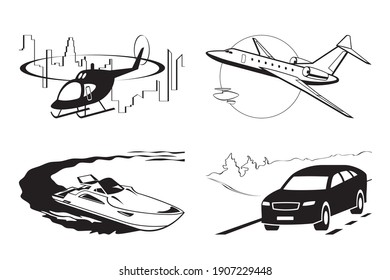 Luxury vehicles by air water and on the road – vector illustration