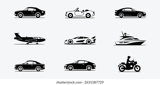 Luxury vehicles collection icon set cars sports cars yacht airplane motorcycle