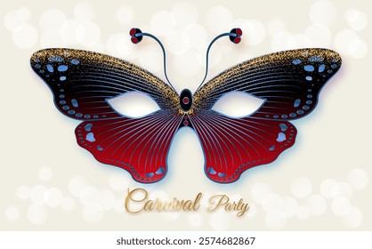 Luxury Venetian Butterfly mask with gold embroidery. Stylish Masquerade Party. Mardi Gras card invitation. Night Party Poster. Dance Flyer. Musical festival banner templates. Vector isolated