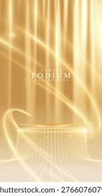 Luxury vertical gold background with a 3D particle podium, elegant curtain backdrop, and glowing light rays, ideal for a premium award ceremony stage or beauty product banner. Vector illustration.