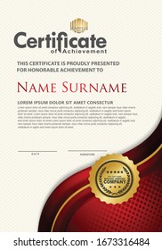 Luxury vertical modern certificate template with red and gold flow lines effect ornament on texture pattern background,