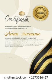 Luxury vertical modern certificate template with black and gold flow lines effect ornament on texture pattern background,