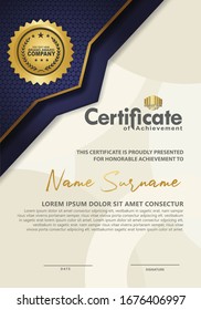 Luxury vertical modern certificate template with blue and gold flow lines effect ornament on texture pattern background,